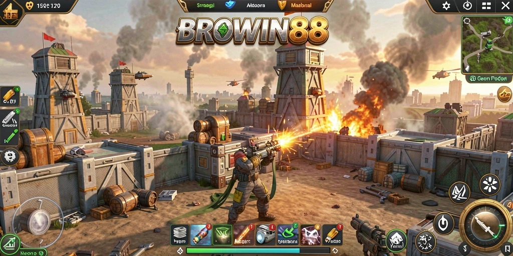 Tampilan gameplay BROWIN88 dengan berbagai menara pertahanan yang strategis.