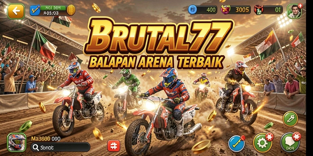Tampilan gameplay BRUTAL77 yang penuh aksi balapan.