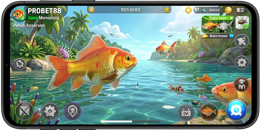 Tampilan gameplay PROBET88 yang menarik saat pemain menangkap ikan.