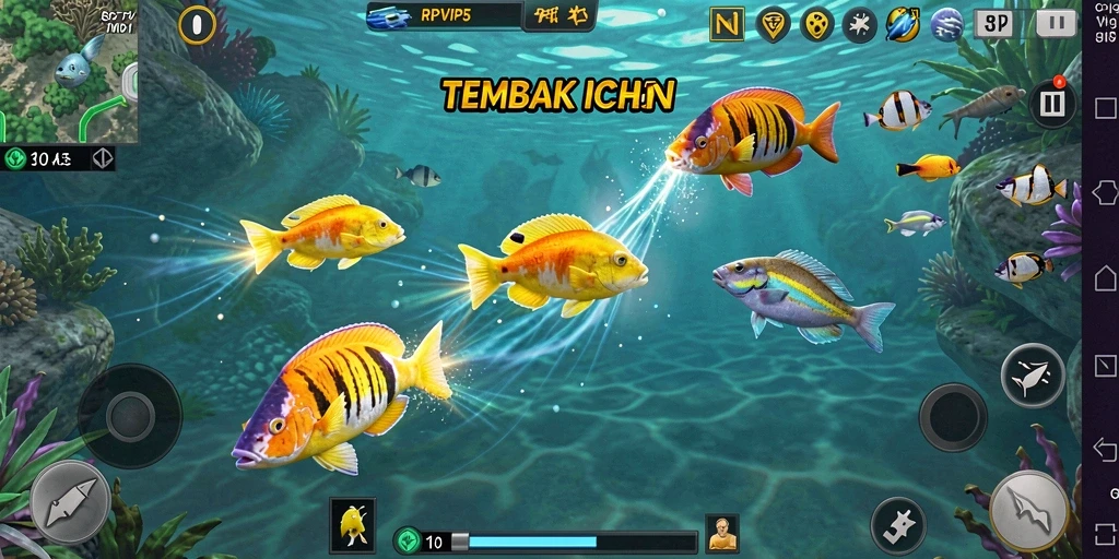 Gameplay seru Tembak Ikan di RPVIP5 dengan ikan berwarna-warni.
